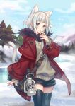  1girl :o animal_ear_fluff animal_ears bag belt_buckle black_legwear black_shorts blue_eyes buckle cat_ears cloud coat commentary_request extra_ears eyebrows_visible_through_hair finger_to_mouth forest frozen_lake highres jacket lantern mountainous_horizon nature original outdoors pine_tree red_jacket short_hair short_shorts shorts shoulder_bag sky snow snowing sweater thighhighs tree whistle whistle_around_neck white_hair winter winter_clothes winter_coat zoff_(daria) 