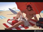  1boy amo9612 animal_ears arknights beach beach_towel beach_umbrella brown_eyes brown_hair can cow_ears cow_horns day drinking_straw horns innertube knee_up long_hair male_focus matterhorn_(arknights) mouth_hold naked_towel navel outdoors sandals sketch soda_can solo surfboard towel umbrella watermark whistle 