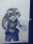  2018 absurd_res anthro askalin badge belt buckteeth clothed clothing disney ears_down fully_clothed fur grey_body grey_fur hi_res invalid_color judy_hopps lagomorph leporid mammal pink_nose pivoted_ears police_uniform purple_eyes rabbit simple_background solo teeth uniform white_background white_body white_fur zootopia 