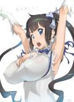  1girl arms_up black_hair blue_eyes blue_ribbon breasts cleavage_cutout commentary_request covered_nipples dress dungeon_ni_deai_wo_motomeru_no_wa_machigatteiru_darou_ka gloves hestia_(danmachi) highres huge_breasts kotoyoshi_yumisuke long_hair looking_at_viewer rei_no_himo ribbon simple_background solo twintails upper_body white_background white_dress white_gloves 