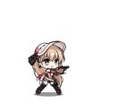  1girl alternate_costume animated bangs black_footwear black_legwear blonde_hair blush blush_stickers boots breasts center_opening checkered checkered_flag clothes_writing cross cross_earrings dress earrings elbow_gloves fingerless_gloves flag full_body girls_frontline gloves gun hair_between_eyes hair_ornament handgun holding holding_flag holding_gun holding_weapon holster jewelry light_brown_hair long_hair lowres official_art pistol ppk_(girls_frontline) race_queen saru short_dress sidelocks sleeveless sleeveless_dress smile solo thighhighs trigger_discipline visor_cap walther walther_ppk weapon white_headwear 