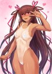  1girl bikini blush breasts brown_hair cameltoe covered_nipples hair_ribbon highres long_hair looking_at_viewer medium_breasts micro_bikini mizuki_yukikaze mogudan navel one-piece_tan open_mouth pink_eyes ribbon shiny shiny_hair shiny_skin skindentation smile solo standing swimsuit taimanin_(series) taimanin_yukikaze tan tanline teeth twintails white_bikini 