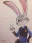  2018 absurd_res anthro askalin badge clothed clothing disney english_text fully_clothed fur gesture grey_body grey_fur hi_res judy_hopps lagomorph leporid mammal multicolored_body multicolored_fur one_eye_closed pink_nose police_uniform purple_eyes rabbit simple_background smile solo text two_tone_body two_tone_fur uniform v_sign white_background white_body white_fur wink zootopia 
