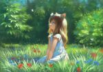  1girl animal_ears between_legs blue_eyes brown_hair bush butterfly_on_head cat_ears cat_girl commentary_request day dress from_side full_body grass hand_between_legs long_hair looking_up on_grass original outdoors parted_lips short_sleeves sitting solo wasabi60 white_dress 