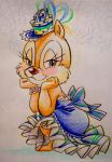  anthro blue_clothing blue_dress blue_eyes chipmunk clarice_(disney) clothed clothing disney dress female fingers fur ground_squirrel hat headgear headwear hi_res looking_at_viewer mammal red_nose rodent sciurid simple_background smile solo tan_body tan_fur 