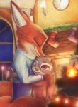  2018 absurd_res anthro askalin canid canine christmas christmas_tree clock clothed clothing cup disney duo ears_down fireplace fluffy fluffy_tail fox fur grey_body grey_fur hi_res holidays hug inside judy_hopps lagomorph leporid light lighting mammal nick_wilde one_eye_closed open_mouth open_smile orange_body orange_fur pink_nose pivoted_ears purple_eyes rabbit red_fox smile sweater topwear tree white_body white_fur zootopia 