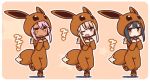  3girls :d beige_background black_hair blush brown_eyes brown_footwear chibi chloe_von_einzbern closed_mouth commentary_request cosplay dark_skin eevee eevee_(cosplay) eevee_costume eevee_ears eevee_tail fang fate/kaleid_liner_prisma_illya fate_(series) gen_1_pokemon hair_ornament hairclip hands_up illyasviel_von_einzbern light_brown_hair long_sleeves miyu_edelfelt multiple_girls open_mouth pink_hair pokemon pokemon_ears shoes sleeves_past_wrists smile standing standing_on_one_leg star tail translation_request yoru_nai 