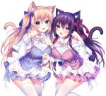  2girls :d animal_ears bangs blonde_hair blue_bow blue_capelet blue_eyes blush bow breasts capelet cat_ears cat_girl cat_tail commentary_request eyebrows_visible_through_hair fang fur-trimmed_capelet fur_trim hair_between_eyes hair_bow hands_up long_hair long_sleeves looking_at_viewer medium_breasts multiple_girls one_side_up open_mouth original paw_pose pink_capelet pleated_skirt purple_eyes purple_hair red_bow shirt simple_background skirt smile sorai_shin&#039;ya tail thighhighs traene_(sorai_shin&#039;ya) very_long_hair white_background white_legwear white_shirt white_skirt 