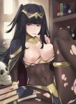  1girl absurdres arm_support bangs black_bodysuit black_cape black_hair black_nails blunt_bangs bodystocking bodysuit book book_stack bookshelf breast_press breasts breasts_outside bridal_gauntlets brown_eyes cape covered_navel fingernails fire_emblem fire_emblem_awakening flask highres indoors j@ck knee_to_chest knee_up large_breasts long_hair looking_to_the_side nail_polish nipples paid_reward patreon_reward reclining see-through sitting skin_tight skindentation skull spread_legs tharja thighlet thumb_to_mouth tiara torn_bodysuit torn_clothes two_side_up underbust very_long_hair window 