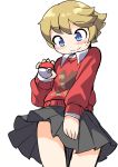  1boy blush brown_hair crossdressing fun_bo highres holding holding_poke_ball male_focus npc_trainer otoko_no_ko poke_ball poke_ball_(generic) pokemon pokemon_(game) pokemon_swsh print_sweater short_hair shorts skirt smile solo suspender_shorts suspenders sweater youngster_(pokemon) 