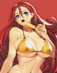  1girl artist_name bangs bare_shoulders bikini blue_eyes blush breasts cleavage food gurimjang hair_between_eyes highres holding holding_food large_breasts long_hair looking_at_viewer navel open_mouth original popsicle red_background red_hair shiny shiny_skin sidelocks simple_background solo swimsuit upper_body yellow_bikini 