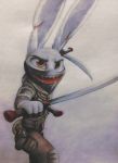  2018 absurd_res anthro armor askalin bandanna brown_eyes clothed clothing disney fully_clothed fur gun hi_res holding_object holding_weapon lagomorph leporid mammal melee_weapon notched_ear rabbit ranged_weapon simple_background solo sword weapon white_background white_body white_fur zootopia 