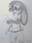  2017 anthro askalin bottomwear buckteeth cellphone clothed clothing disney fully_clothed holding_cellphone holding_object holding_phone judy_hopps lagomorph leporid mammal midriff monochrome open_mouth open_smile pants phone rabbit shirt smile solo t-shirt teeth topwear zootopia 