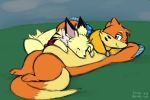  2019 2_tails ambiguous/ambiguous ambiguous_gender belly_hug blue_eyes buizel cuddling duo eeveelution feral fur jewelry jolteon lounging multi_tail necklace nintendo orange_body orange_fur pok&eacute;mon pok&eacute;mon_(species) raster_dreams simple_background slightly_chubby smile tan_belly video_games 