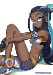 1girl absurdres armlet bare_shoulders belly_chain bike_shorts black_hair blue_eyes blue_hair breasts dark_skin earrings eyeliner forehead gloves gym_leader hair_bun highres hoop_earrings jewelry knee_up looking_at_viewer makeup multicolored_hair ninnin_(shishitou) pokemon pokemon_(game) pokemon_swsh rurina_(pokemon) sandals simple_background single_glove sitting small_breasts solo sports_bra sportswear thighs two-tone_hair white_background 