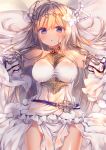  1girl bare_shoulders blonde_hair blue_eyes blush breasts choker detached_sleeves dress eyebrows_visible_through_hair flower granblue_fantasy hair_flower hair_ornament jeanne_d&#039;arc_(granblue_fantasy) long_hair looking_at_viewer lying nemuri_nemu on_back on_bed solo white_dress 