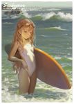  1girl alphonse_(white_datura) bangs bare_arms bare_shoulders border breasts brown_eyes brown_hair closed_mouth competition_swimsuit day english_text goggles goggles_on_head highres long_hair looking_down ocean one-piece_swimsuit original small_breasts smile solo sunlight surfboard swimsuit thighs very_long_hair wading water waves white_border white_swimsuit 