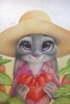  2019 absurd_res anthro askalin clothed clothing detailed disney ears_down food front_view fruit fur grey_body grey_fur hat headgear headwear hi_res holding_food holding_object judy_hopps lagomorph leporid looking_at_viewer mammal pink_nose pivoted_ears plant purple_eyes rabbit shirt smile solo tomato topwear zootopia 
