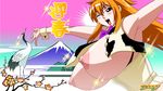  blush breasts breasts_outside choujuushin_gravion dated diva_mizuki huge_breasts jyubei lips long_hair mount_fuji nipples one_eye_closed open_mouth orange_hair purple_eyes red-crowned_crane solo tachibana_mizuki upper_body 