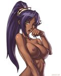  abs bleach breasts clenched_hand collarbone curvy dark_skin fang large_breasts long_hair looking_at_viewer navel nipples nude one_eye_closed open_mouth ponytail purple_hair shihouin_yoruichi simple_background solo speh toned upper_body white_background yawning yellow_eyes 
