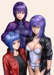  3girls black_jacket blue_eyes blue_hair breasts cleavage ghost_in_the_shell ghost_in_the_shell:_sac_2045 ghost_in_the_shell_arise ghost_in_the_shell_stand_alone_complex gloves highleg highleg_leotard highres jacket kusanagi_motoko leotard looking_at_viewer multiple_girls multiple_persona nyatokanyaru purple_eyes purple_hair purple_jacket red_jacket short_hair simple_background zipper 