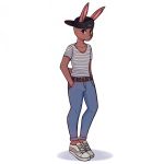  1:1 absurd_res anthro bottomwear clothed clothing footwear hi_res jeans lagomorph leporid mammal pants rabbit shoes snapback topwear v-neck 
