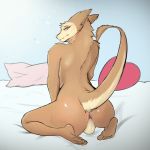  1:1 2019 anthro anus balls bed big_butt butt digital_media_(artwork) feet fur furniture girly hair hi_res invalid_tag looking_at_viewer looking_back male mammal nude on_bed ownychan penis pillow presenting presenting_hindquarters sergal simple_background smile solo thick_thighs 