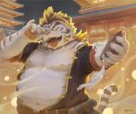 2019 absurd_res anthro detailed_background eyes_closed felid fur hi_res licho_(tas) male mammal outside overweight overweight_male pantherine seamonsterping solo tiger tokyo_afterschool_summoners tongue tongue_out video_games white_body white_fur 