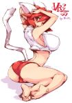 &lt;3 5_toes animal_humanoid barefoot big_breasts breasts butt cat_humanoid clothed clothing felid felid_humanoid feline feline_humanoid female fur hair hand_on_head humanoid kneeling looking_back mammal mammal_humanoid one_eye_closed open_mouth red_eyes red_hair simple_background solo toes underwear white_body white_fur whooosaku 