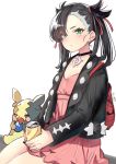  1girl :o absurdres asymmetrical_bangs backpack bag bangs berries black_choker black_jacket black_nails blush can choker commentary_request dress e-co earrings eating gen_8_pokemon green_eyes hair_over_one_eye hair_ribbon highres holding holding_can jacket jewelry long_hair long_sleeves looking_at_viewer mary_(pokemon) morpeko nail_polish open_clothes open_jacket parted_lips pink_dress pokemon pokemon_(creature) pokemon_(game) pokemon_swsh red_ribbon ribbon simple_background sitting soda_can twintails white_background 