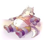  anthro belly big_belly breath canid canine canis clothed clothing fur grey_body grey_fur lotic male mammal midriff moobs navel obese obese_male open_mouth overweight overweight_male panting sitting solo thick_thighs tired tongue tongue_out white_body white_fur wolf 
