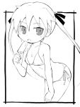  1girl bangs bare_arms bare_shoulders bare_thighs bent_over bikini bikini_bottom bikini_top black_ribbon breasts collarbone cowboy_shot dripping eyebrows_visible_through_hair food frame greyscale hair_ribbon hand_on_thigh kill_me_baby long_hair monochrome open_mouth popsicle popsicle_stick ribbon simple_background solo sonya_(kill_me_baby) swimsuit twintails uncolored white_background zubatto_(makoto) 