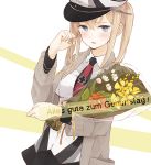  1girl bangs black_skirt blush bouquet breasts collared_shirt enu_(roco_roco44) eyebrows_visible_through_hair flower german_text graf_zeppelin_(kantai_collection) grey_eyes grey_jacket hair_between_eyes hair_tousle hand_up hat iron_cross jacket kantai_collection light_brown_hair long_hair long_sleeves looking_at_viewer medium_breasts military_hat necktie open_clothes open_jacket parted_lips peaked_cap red_flower red_neckwear shirt skirt solo translation_request twintails white_flower white_headwear white_shirt wide_sleeves yellow_flower 