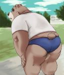  00murice 2018 anthro brown_body brown_fur butt clothing fur humanoid_hands male mammal outside overweight shirt solo topwear underwear ursid 