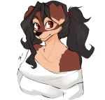  2018 anthro black_hair black_nose breasts canid canine canis clothed clothing domestic_dog female fur hair itsa_winter mammal ponytail red_eyes simple_background smile solo wally white_background 