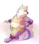  anthro belly canid canine canis clothed clothing fur grey_body grey_fur leaning lotic male mammal midriff navel overweight overweight_male smile solo thick_thighs white_body white_fur wolf 