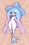  2019 abstract_background aliasing black_sclera blue_hair blush breasts clothing featureless_feet featureless_hands female hair hat hatterene headgear headwear hi_res humanoid long_hair multicolored_hair navel nintendo nipples nude orange_background peachkuns pink_hair pok&eacute;mon pok&eacute;mon_(species) pussy short_stack simple_background sparkles speed_lines tentacles thick_thighs video_games wide_hips 