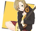  1girl :d bangs black_jacket brown_hair electric_guitar enu_(roco_roco44) green_eyes guitar hair_between_eyes hair_ornament hairclip headphones headphones_around_neck hood hood_down hooded_jacket idolmaster idolmaster_cinderella_girls instrument jacket long_sleeves looking_at_viewer open_clothes open_jacket open_mouth parted_bangs plaid plaid_skirt red_skirt shirt sitting skirt smile solo tada_riina upper_teeth white_shirt 