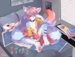  4:3 anthro bed blue_body blue_eyes blue_fur bottomless canid canine clothed clothing collar facial_markings fox fur furniture hair head_markings inner_ear_fluff inside kemono male mammal markings multi_tail multicolored_body multicolored_fur on_bed open_shirt pawpads pillow pink_body pink_fur pink_hair plushie qian_(artist) shirt short_hair solo stripes text topwear translation_request tuft waking_up white_body white_fur young 