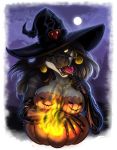  2019 anthro breasts brown_body brown_scales clothing digital_media_(artwork) halloween heterochromia hi_res holidays jack-o&#039;-lantern long_tongue magic_user markings neerishia open_mouth reptile scales scalie solo tongue unknown_artist witch 