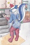  absurd_res apron apron_only balls blep blue_body blue_eyes blue_fur butt canid canine clothing fox fur hi_res kitchen latex_fox leggings legwear male mammal mostly_nude raised_tail tongue tongue_out 