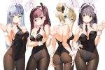  4girls animal_ears ass bangs bare_shoulders black_hair black_legwear blonde_hair blue_eyes blunt_bangs blush bow bowtie breasts bunny_ears bunny_tail bunnysuit cleavage closed_mouth covered_navel detached_collar eyebrows_visible_through_hair facial_mark fake_animal_ears girls_frontline green_eyes hair_between_eyes hair_ornament hair_ribbon hairband half_updo hand_on_hip hand_up highleg highleg_leotard highres hk416_(girls_frontline) large_breasts lee_seok_ho leotard long_hair looking_at_viewer looking_back medium_breasts multiple_girls one_side_up pantyhose parted_lips purple_hair purple_leotard qbz-95_(girls_frontline) red_eyes ribbon sidelocks silver_hair simple_background smile suomi_kp31_(girls_frontline) tail teardrop very_long_hair wa2000_(girls_frontline) white_background white_hairband wrist_cuffs 