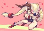  1girl bouncing_breasts breasts brown_eyes brown_hair cleavage fan fatal_fury fighting_stance folding_fan forehead full_body high_ponytail highres kotatsu_(g-rough) large_breasts long_hair looking_at_viewer ninja no_bra no_panties obi pelvic_curtain ponytail revealing_clothes rope sash shimenawa shiranui_mai solo tabi the_king_of_fighters 