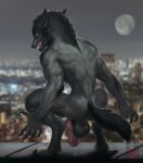  2019 5_fingers anthro back_muscles backsack balls big_muscles big_penis bodily_fluids body_fur canid canine canis crouching detailed_background digitigrade dripping erection fangs fingers fluffy fluffy_tail fur genital_fluids grey_body grey_fur grey_tail hi_res humanoid_penis hybrid_penis knot knotted_humanoid_penis looking_at_viewer male mammal muscular muscular_male nude penis pinup pose precum rear_view snarling solo teeth_bared thehornslounge vein veiny_penis were werecanid werecanine werewolf wolf yellow_eyes 