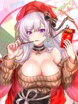  1girl :d absurdres aran_sweater azur_lane belfast_(azur_lane) belfast_(shopping_with_the_head_maid)_(azur_lane) beret blush breasts brown_sweater choker cleavage collarbone earrings food hat highres holding holding_food hoop_earrings jewelry large_breasts long_hair looking_at_viewer nez-kun off-shoulder_sweater off_shoulder open_mouth pocky signature silver_hair skirt smile solo sweater 