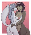  anthro arctic arctic_fox blue_eyes brown_body brown_fur brown_hair butt canid canine canis duo female fingers fox fur hair hi_res mammal nude pussy shaded simple_background slim taurika taurika_(artist) white_body white_fur wolf 