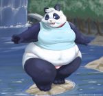  anthro belly big_breasts black_body black_fur breasts chubby_cheeks clothed clothing female fur giant_panda gillpanda gillpanda_(character) mammal midriff navel obese obese_female open_mouth open_smile outside overweight overweight_female smile solo standing thick_thighs thong underwear ursid waterfall white_body white_fur wide_hips 