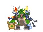  animal_ears ban_(3551702) bunny_ears carrying cinderace drum gen_8_pokemon head_fins instrument inteleon looking_at_viewer no_humans on_shoulder open_mouth pokemon pokemon_(creature) rillaboom simple_background smile tail 