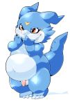 2019 absurd_res anthro balls belly blue_body cute_fangs digimon digimon_(species) hi_res male navel overweight overweight_male penis sigenoya simple_background solo takotyutyu veemon white_background 