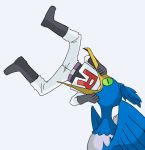  1boy atsumi_yoshioka bird black_footwear black_gloves boots closed_eyes cramorant gen_8_pokemon gloves grey_background in_mouth kojirou_(pokemon) male_focus pokemon pokemon_(anime) pokemon_(creature) simple_background team_rocket_uniform 